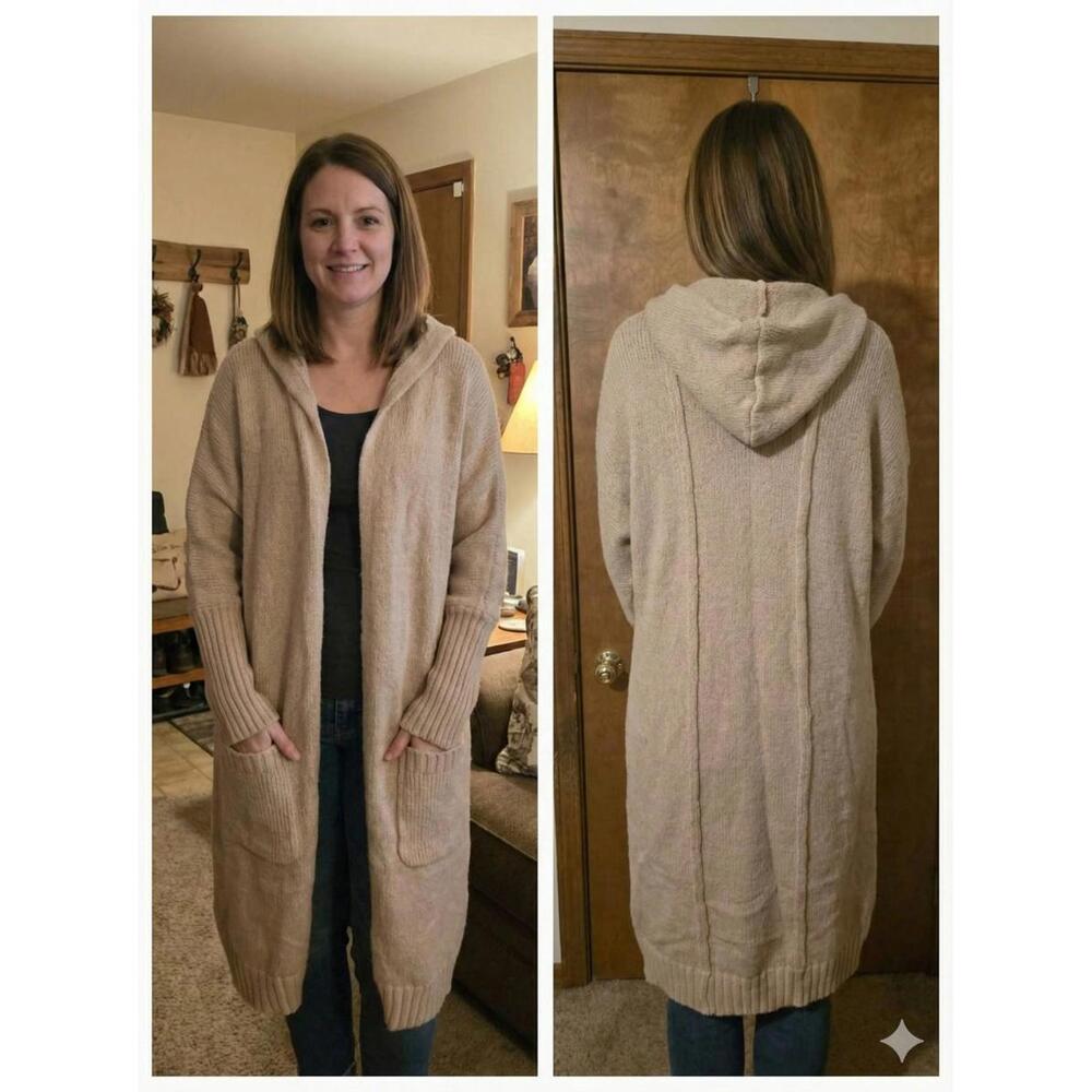 Long Beige Hooded Knit Cardigan Sweater with Pockets